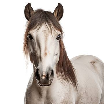 horse looking at the camera close up on a white isolated background.
