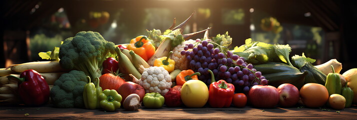 Various types of fruits and vegetables Fresh and colorful Spread across the entire picture Contains important nutrients for the body Suitable for use in making presentations about healthy food. - obrazy, fototapety, plakaty