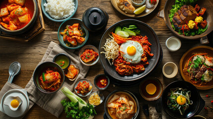 Traditional Korean Feast with Kimchi, Bibimbap, and Assorted Side Dishes on Wooden Table