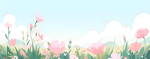 Fototapeten A cheerful natural landscape with copy space. Close up banner with field of spring, summer poppy flowers. Panoramic flat illustration of meadow with wildflowers on background of blue sky and clouds. © Irina