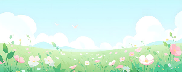 Banner with spring, summer flowers field. Panoramic kids flat illustration of meadow with wildflowers on a background of mountains, blue sky and clouds. Cheerful nature landscape with copy space.