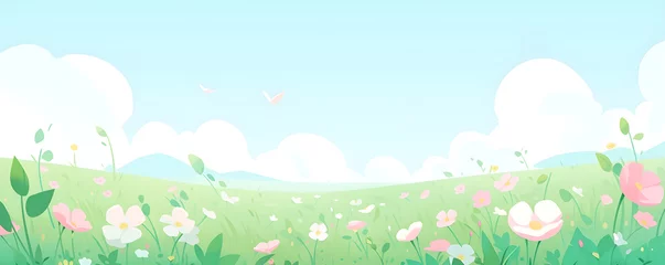 Fotobehang Banner with spring, summer flowers field. Panoramic kids flat illustration of meadow with wildflowers on a background of mountains, blue sky and clouds. Cheerful nature landscape with copy space. © Irina