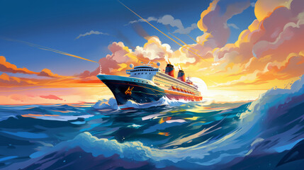 Majestic Cruise Liner Sailing at Sunset - obrazy, fototapety, plakaty