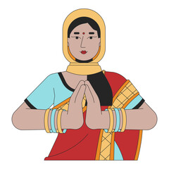 Traditional indian woman namaste 2D linear cartoon character. Anjali mudra pressing palms together isolated line vector person white background. Hindu festival Deepawali color flat spot illustration