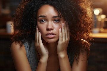Fototapeta premium Beautiful young woman holding her hands to her face. Suitable for various uses