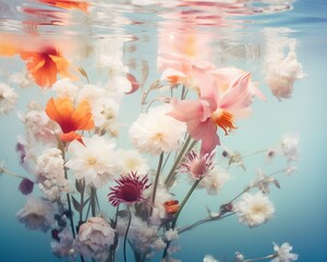 Flowers growing underwater. Spring blooming concept.