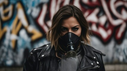 portrait of a person in a gas mask  A sad woman wearing a breathing mask and a leather jacket, standing in front of a graffiti wall.   - obrazy, fototapety, plakaty