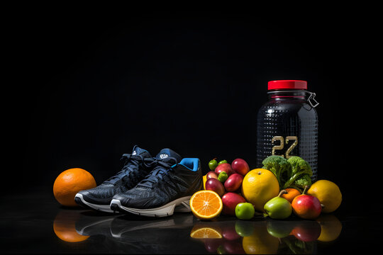 Active Lifestyle 2024 A vibrant background highlighting 2024 resolutions for an active and healthy lifestyle. Incorporates sports gear, athletic shoes, weights, fresh fruits,  Generative AI,