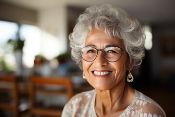 Older woman with glasses smiling at camera. This picture can be used to depict happiness, positivity, and confidence in older age