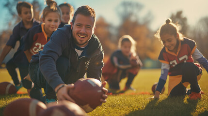 Elementary school coach playing American football with his students - obrazy, fototapety, plakaty