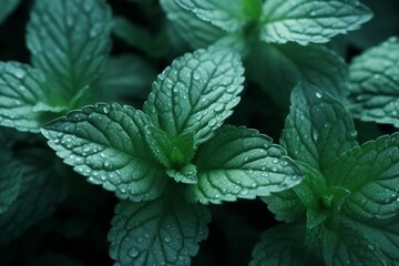 Fresh mint leaves with waterdrops macro background, peppermint close up view