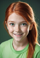 Enchanting Portrait of a Radiant Little Girl: Emerald Beauty with Fiery Hair and Mesmerizing Green...