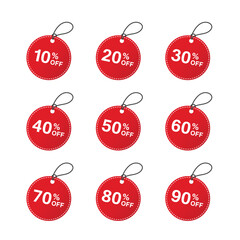 Obraz na płótnie Canvas Set of label sales and discounts. Price off tag icons flat design collection set. 10, 20, 30, 40, 50, 60, 70, 80, 90 percent sales. Vector illustration.