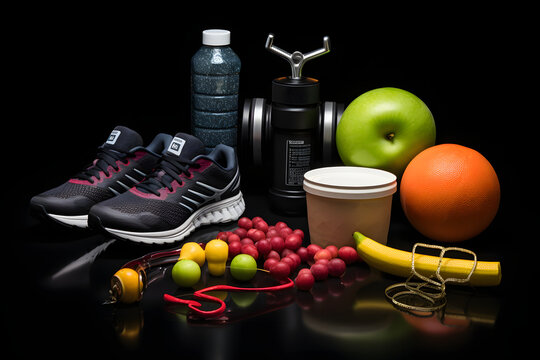 Fitness Goals for 2024 An energetic setting for New Year's resolutions in 2024, with a focus on fitness and health. Showcases sports gear, athletic shoes, weights, fruits, and  Generative AI,