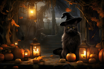 Magical Cat Witch's Lair Step into a magical world with this Halloween background. It showcases a fantasy black cat witch in a mysterious fairy cabin  adorned with pumpkins and Generative AI, - obrazy, fototapety, plakaty