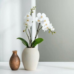  White orchid flower and palm leaves in vases on table top, front view composition with copy space
