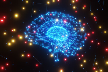 Network of mesh lines forming brains of different sizes in dark background with red and yellow glowing particles. Illustration of the concept of artificial intelligence, ideas and creativity