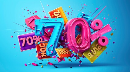 A 3D Icon for a 70% Off Sale, Featuring Prominent '70%' Numerals, Vibrant Discount Tags, Slashed Price Tag, and Dynamic Burst Effect for Excitement and Value