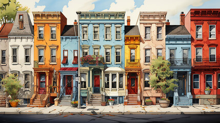 Fototapeta premium Houses in autumn with trees wearing orange leaves. painted with watercolors 