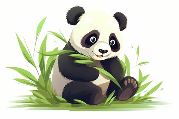 An endearing panda munching on bamboo in a simplified, graphic style, showcasing its adorable features, isolated on a white background