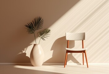 a white vase with palm tree outdoors near wall, in the style of light brown and light beige, minimalist backgrounds