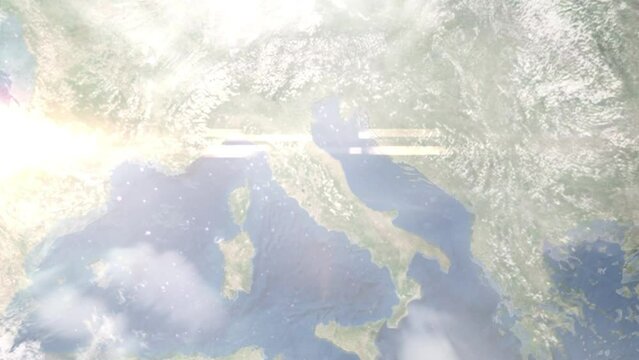 Zoom in from space and focus on Foligno, Italy. 3D Animation. Background for travel intro. Elements of this image furnished by NASA