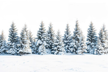 Snow-covered Pine Trees in a Winter Landscape Isolated on White Background. Realistic Snowy Pines For Winter Season