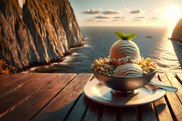 Bowl with ice cream on wooden rustic style on the shore of the Mediterranean sea and cliffs