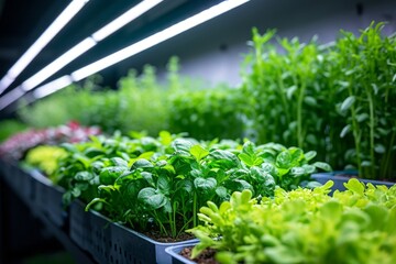 Fototapeta premium Close-up of crop seedlings. Plants are growing from seeds in trays in a greenhouse. Seedling nursery. Smart farming, innovative organic agriculture.