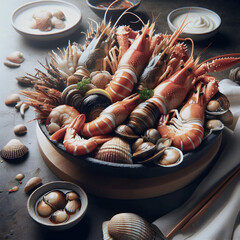Delicious seafood cinematic, food 
illustration, bouquet of seafood illustration of marine riches of the Mediterranean and southern seas. Foodie still life 

