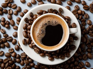 An aerial view of a coffee cup surrounded by coffee beans