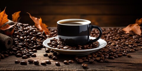 Black coffee cup on brown wood table with coffee bean