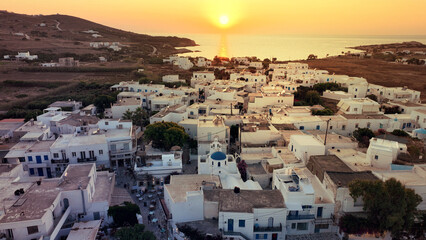 Fototapeta premium Aerial drone photo of famous Venetian fortified castle of main village in Antiparos island, Cyclades, Greece