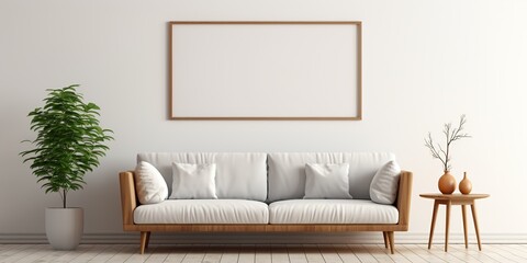 Blank horizontal poster frame mock up in minimal Scandinavian white style living room interior, modern living room interior background, white and gold