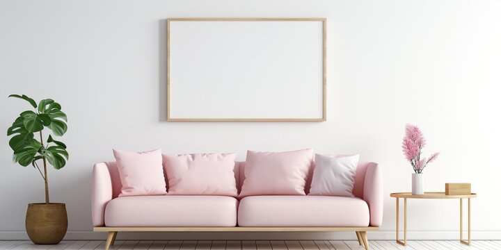 Blank horizontal poster frame mock up in minimal Scandinavian white style living room interior, modern living room interior background, white and gold
