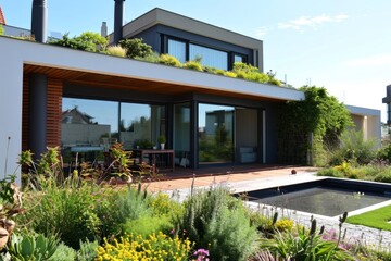 Fototapeta na wymiar Modern eco-style cottage with vertical garden. Panoramic windows, spacious terrace, landscape design. Contemporary architecture concept for private residential houses.