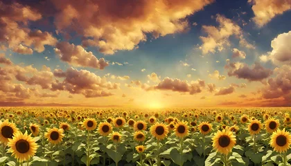 Poster sunflower field at sunset, sunflower field landscape, sunflower field at sunset sunflower field sunset beautiful nature landscape farm field, sunflower field with sky and clouds © Stock PNG & Vector