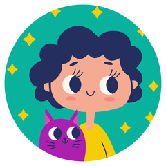 Obraz premium Little boy with a cute cat on a background of stars. Vector illustration in flat style. 
