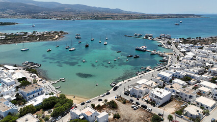 Aerial drone photo of famous picturesque port and main village or hora of Antiparos island, Cyclades, Greece