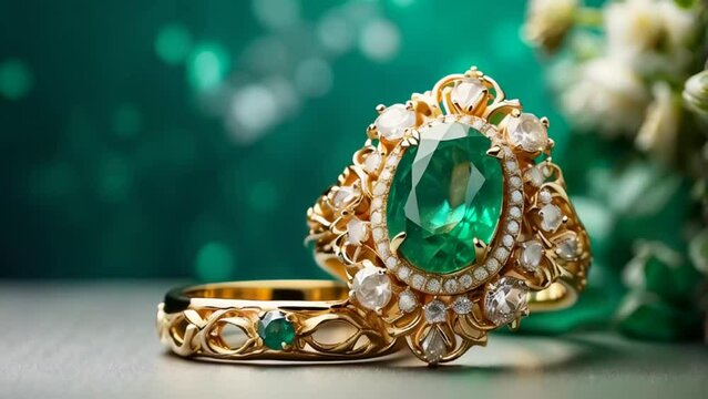 Beautiful gold ring with emerald, flowers celebration

