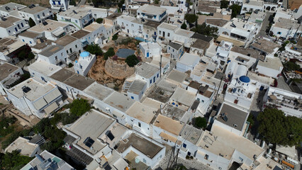 Aerial drone photo of famous Venetian fortified castle of main village in Antiparos island,...