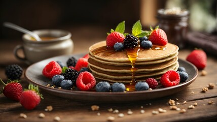 Buckwheat pancakes with berry fruit and honey on wooden vintage table. Generative AI