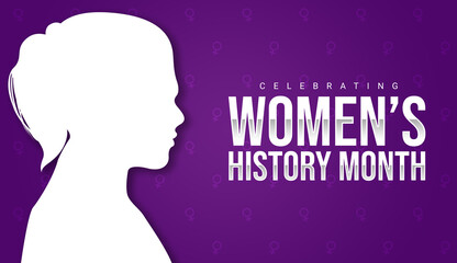 Women's history month celebration banner background with woman silhouette. Movement for women's rights