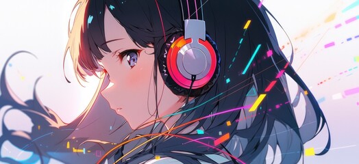 Anime Girl Vibing to Music. Illustration of a Character Wearing a Headset, Immersed in Musical Bliss.