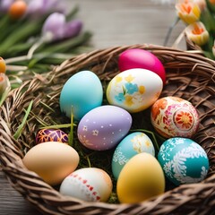 Naklejka na ściany i mebleEggs in a basket of different colors are intended for cards, Easter, printing, etc