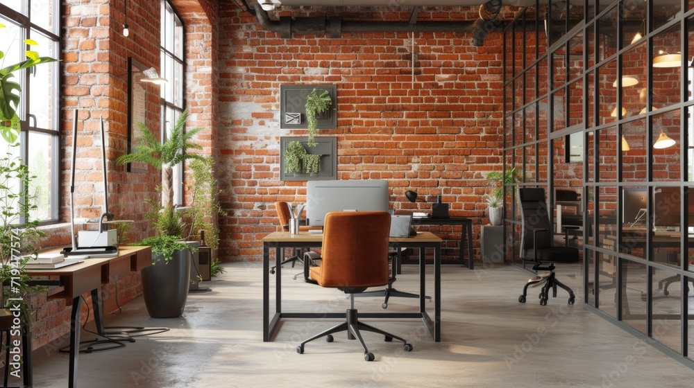 Poster an office with a brick wall and a desk featuring a laptop. suitable for various business and technol