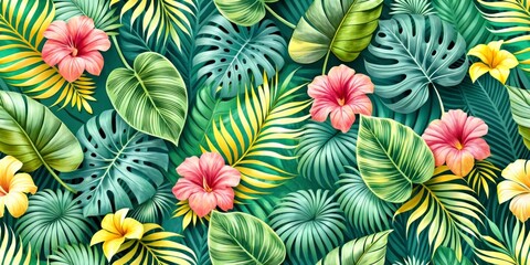 Seamless pattern, exotic leaves and flowers in bright colors, illustration for textile or wallpaper