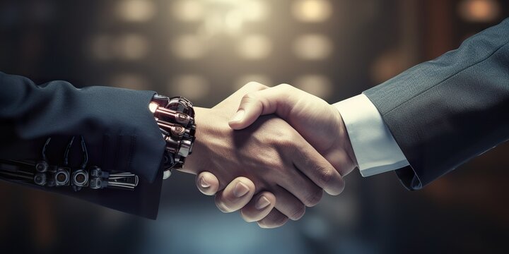 Business handshake between robot and human partners or friends, the extreme right third