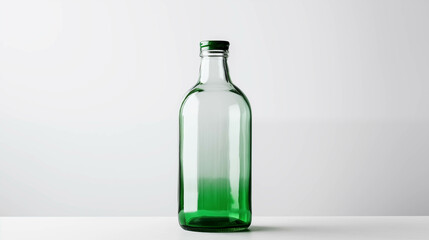 Transparent glass bottle on white background.