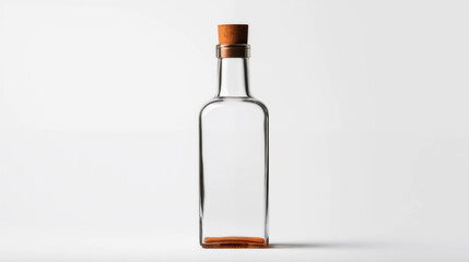 Transparent glass bottle on white background.